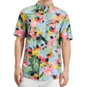 100% Cotton Vibrant Floral Print Men’s Short Sleeve Shirt, Size Medium